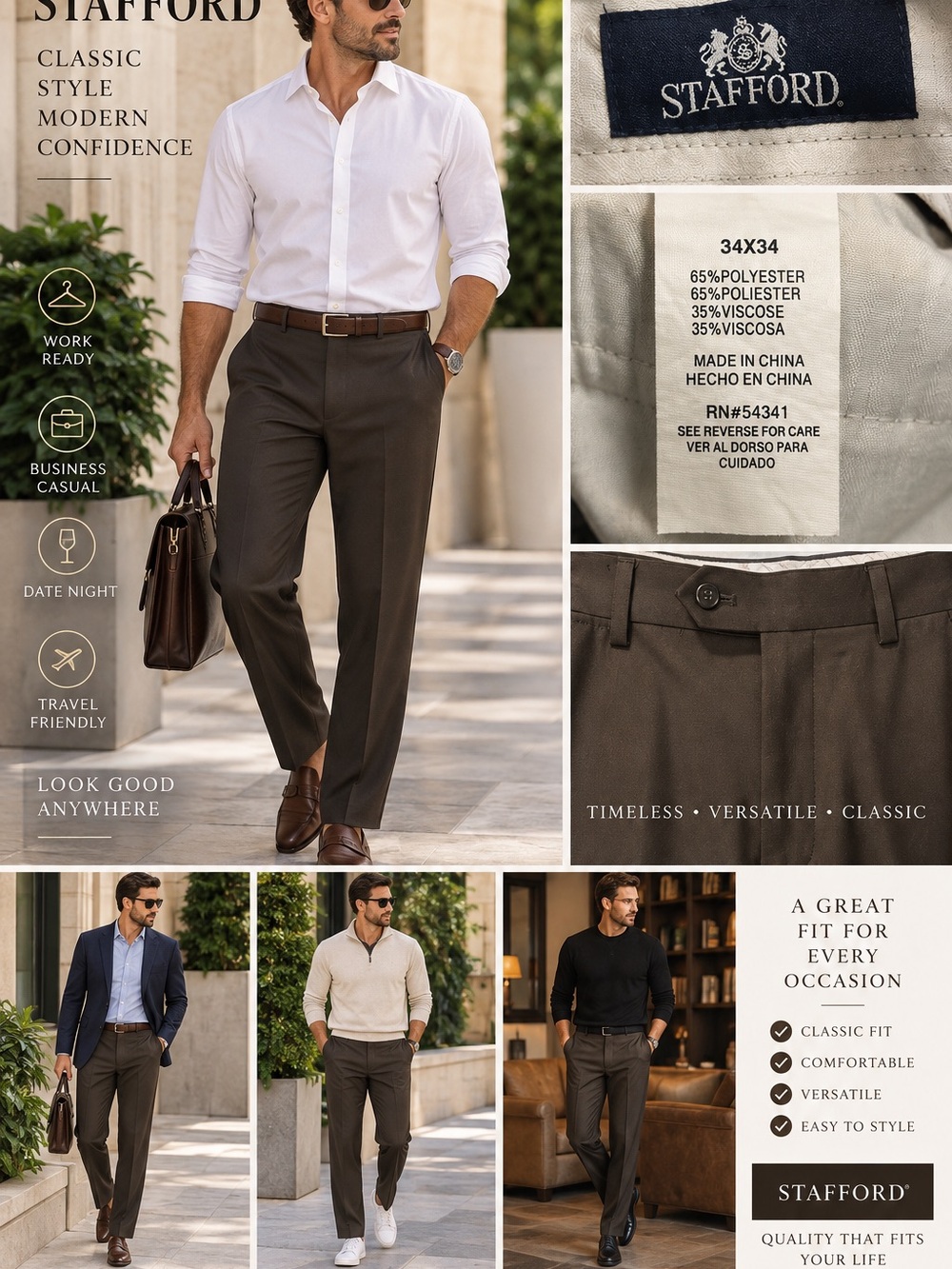 Stafford Men’s Dress Pants 34x34 Brown Pleated Classic Fit Business Trousers